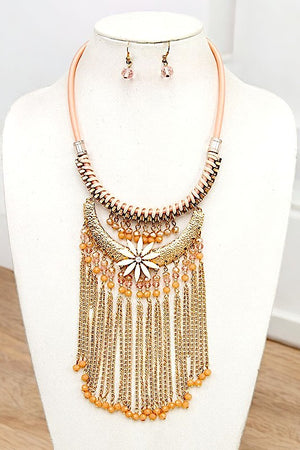 FLORAL ORNATE FRINGE CHAIN BIB NECKLACE SET