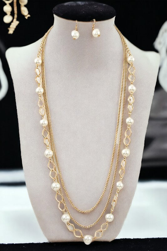 Elongated Multi Pearl Strand Necklace Set