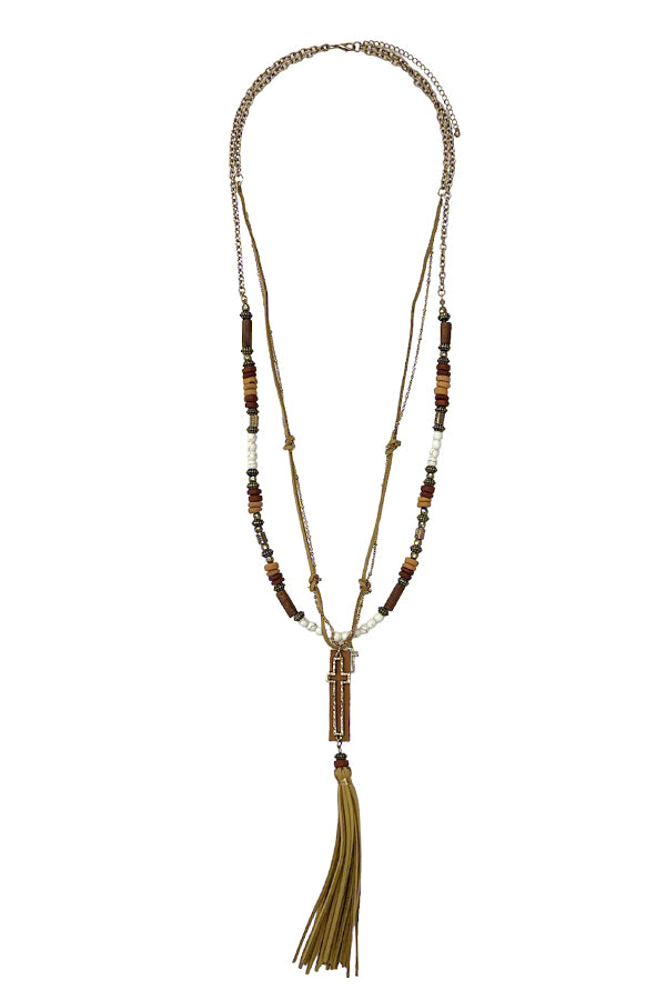 Layered Bead Tassel Cross Pendant Long Necklace