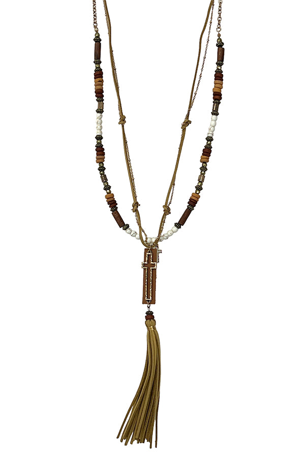 Layered Bead Tassel Cross Pendant Long Necklace