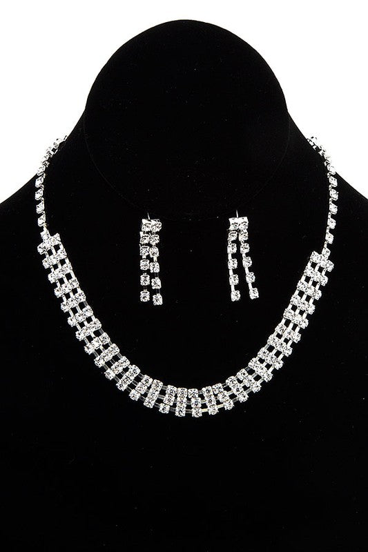 TRIPLE ROW RHINESTONE PAVE COLLAR NECKLACE SET