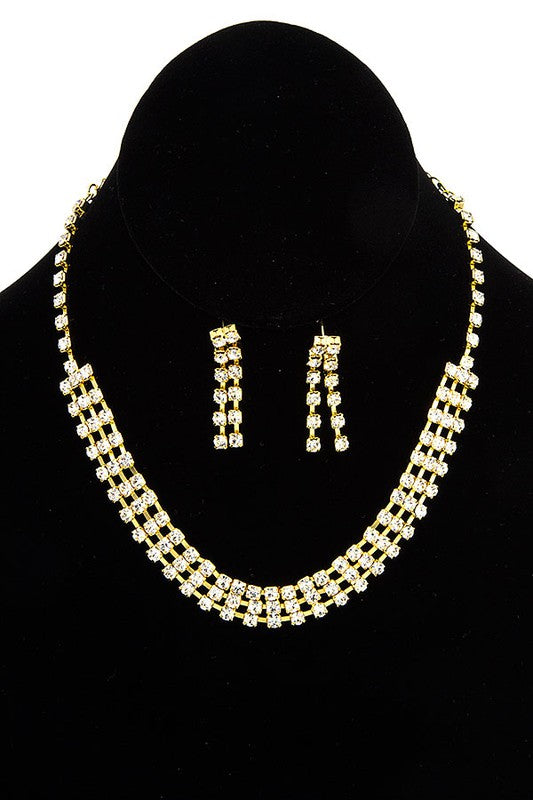 TRIPLE ROW RHINESTONE PAVE COLLAR NECKLACE SET