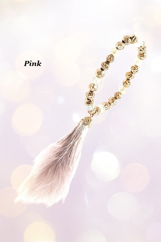 MIX BEAD FEATHER TASSEL BRACELET