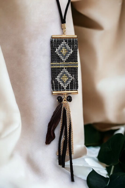 Beaded Diamond Tassel Pendant Long Necklace Set