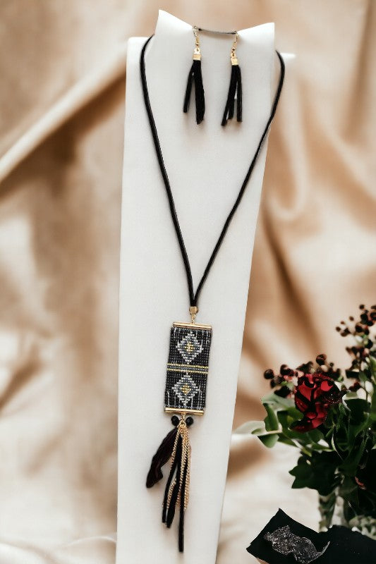 Beaded Diamond Tassel Pendant Long Necklace Set
