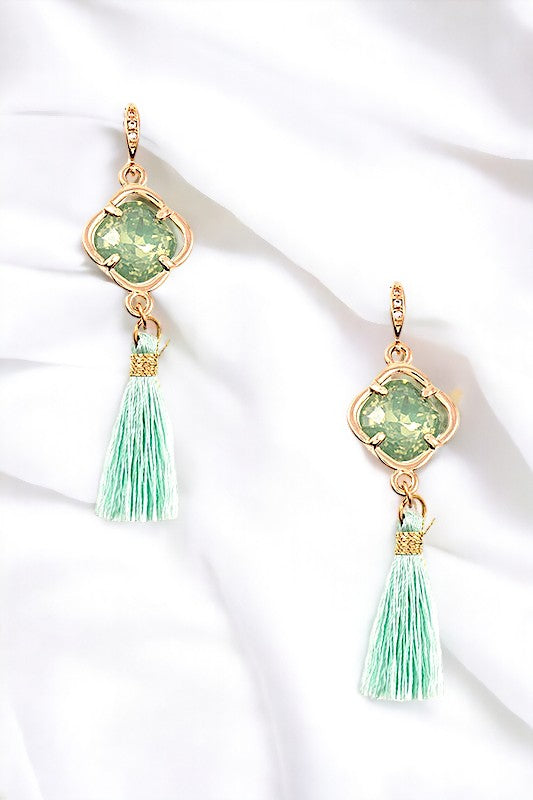 CLOVER GEM TASSEL PENDANT EARRING