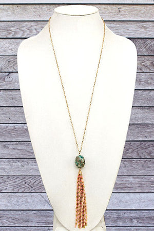 FACETED STONE BEADED TASSEL LONG NECKLACE