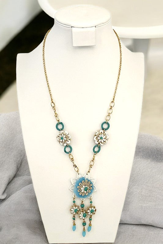 Crochet Flower Bead Pendant Long Necklace