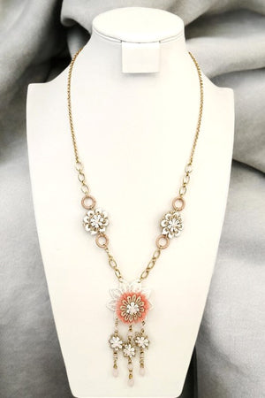 Crochet Flower Bead Pendant Long Necklace