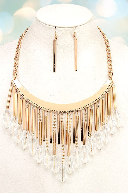 CRYSTAL GEM METAL FRINGE BIB NECKLACE SET