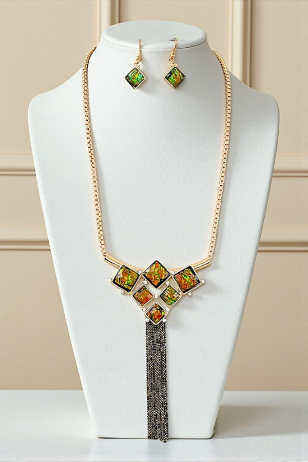 OPAL FACETED STONE CHAIN BEAD TASSEL NECKLACE SET