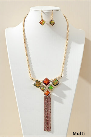 OPAL FACETED STONE CHAIN BEAD TASSEL NECKLACE SET