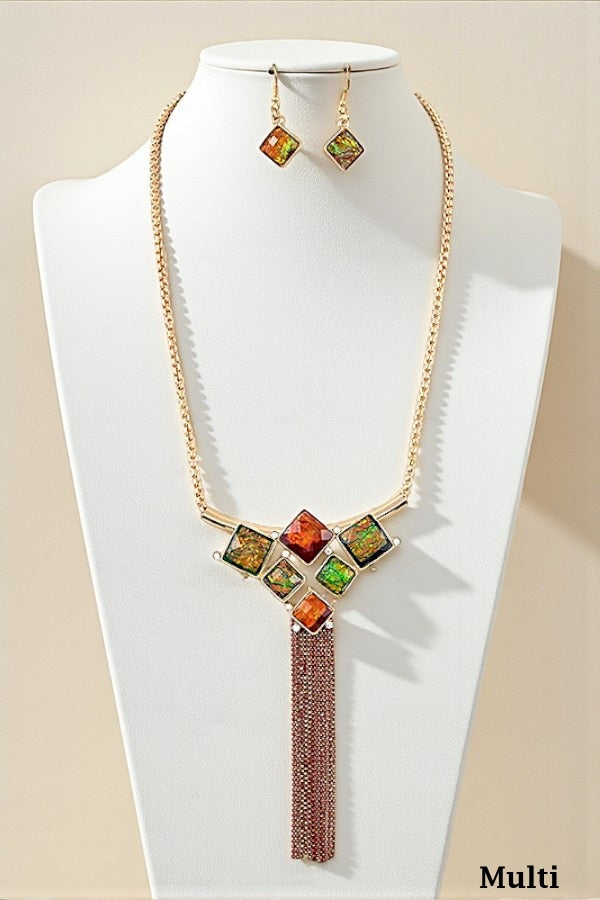 OPAL FACETED STONE CHAIN BEAD TASSEL NECKLACE SET