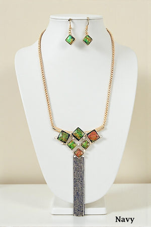 OPAL FACETED STONE CHAIN BEAD TASSEL NECKLACE SET