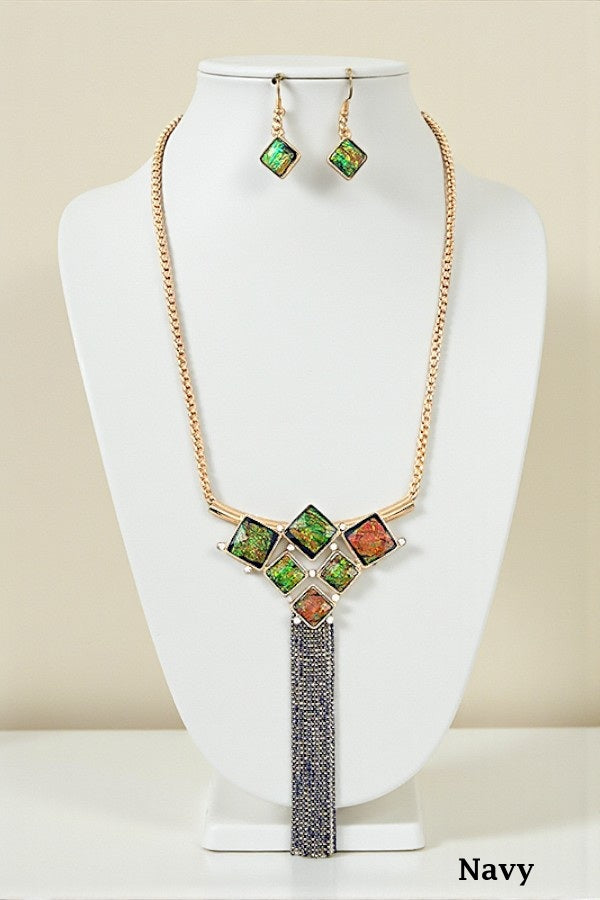 OPAL FACETED STONE CHAIN BEAD TASSEL NECKLACE SET