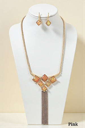OPAL FACETED STONE CHAIN BEAD TASSEL NECKLACE SET