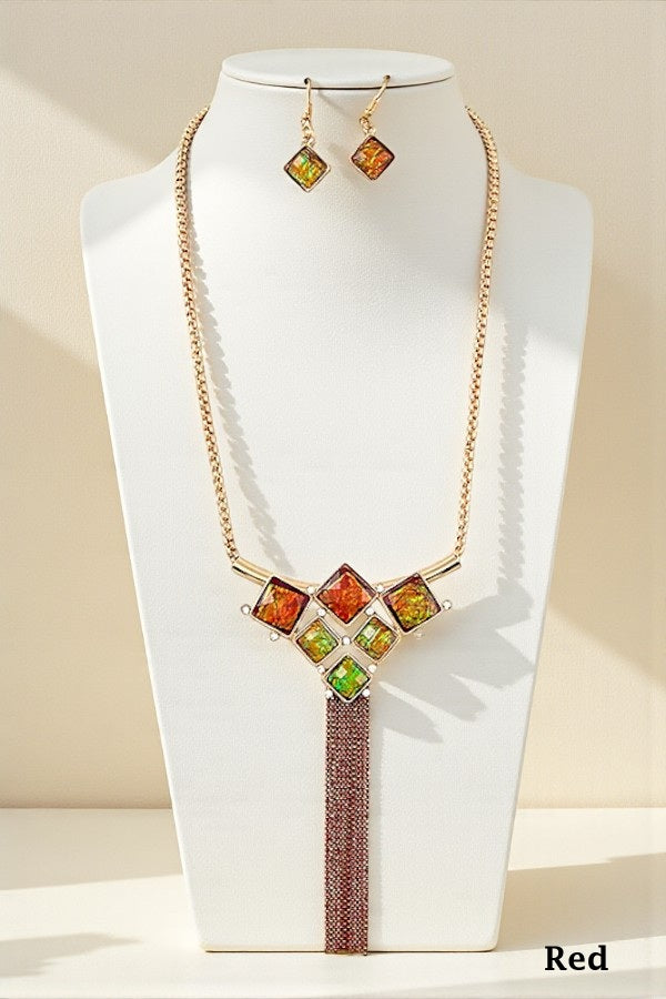 OPAL FACETED STONE CHAIN BEAD TASSEL NECKLACE SET