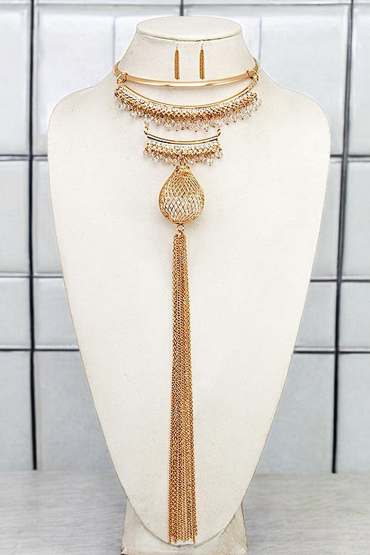 TIERED CHAIN TASSEL COLLAR NECKLACE SET