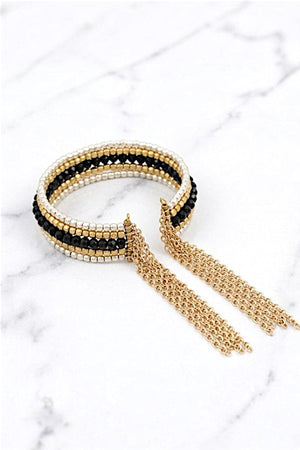 MULTI BEAD CHAIN TASSEL END CUFF BRACELET