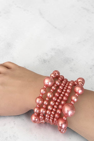 SHINY PEARL BEADS 6 STRANDS STRETCH BRACELET