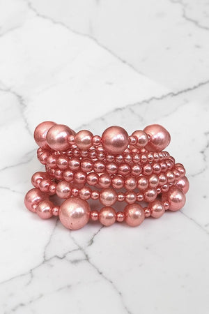 SHINY PEARL BEADS 6 STRANDS STRETCH BRACELET