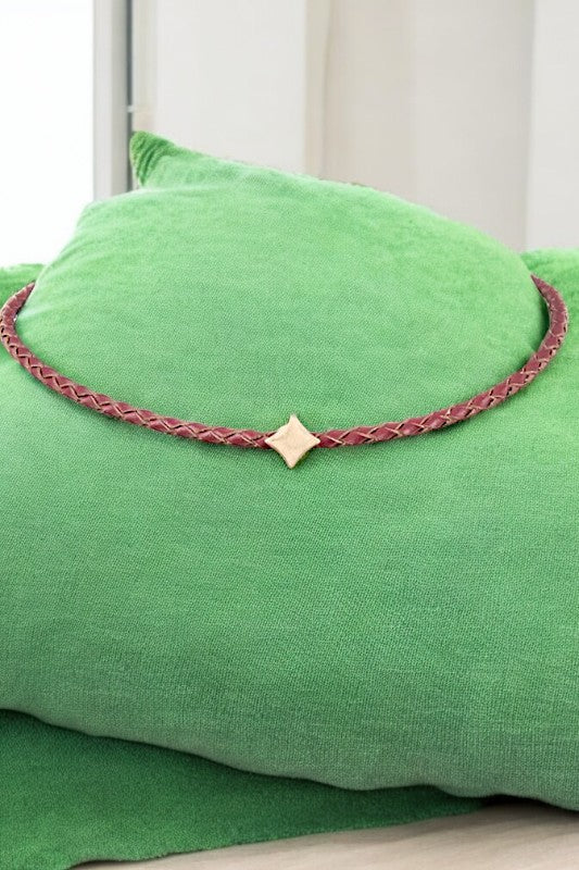 Genuine Leather Diamond Shape Pendant Choker