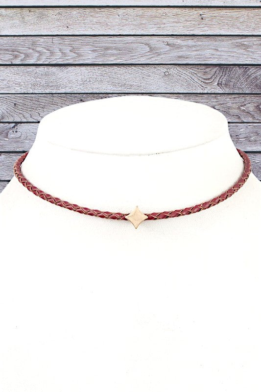 Genuine Leather Diamond Shape Pendant Choker