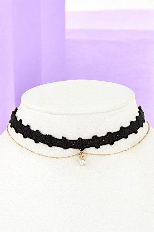 Crochet Lace Gem Pendant Choker Necklace