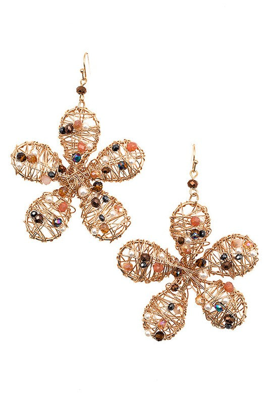 WIRE WOVEN BEAD ACCENT FLORAL DROP EARRING