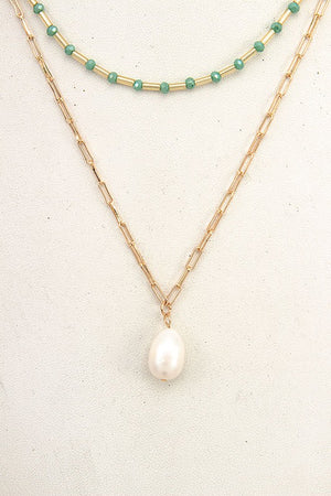 LAYERED GLASS BEAD PEARL PENDANT NECKLACE SET