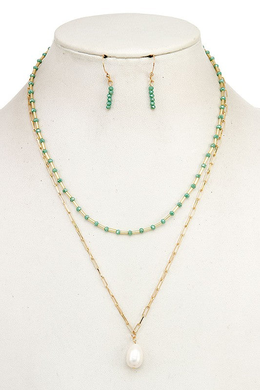 LAYERED GLASS BEAD PEARL PENDANT NECKLACE SET