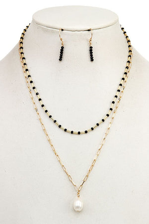 LAYERED GLASS BEAD PEARL PENDANT NECKLACE SET