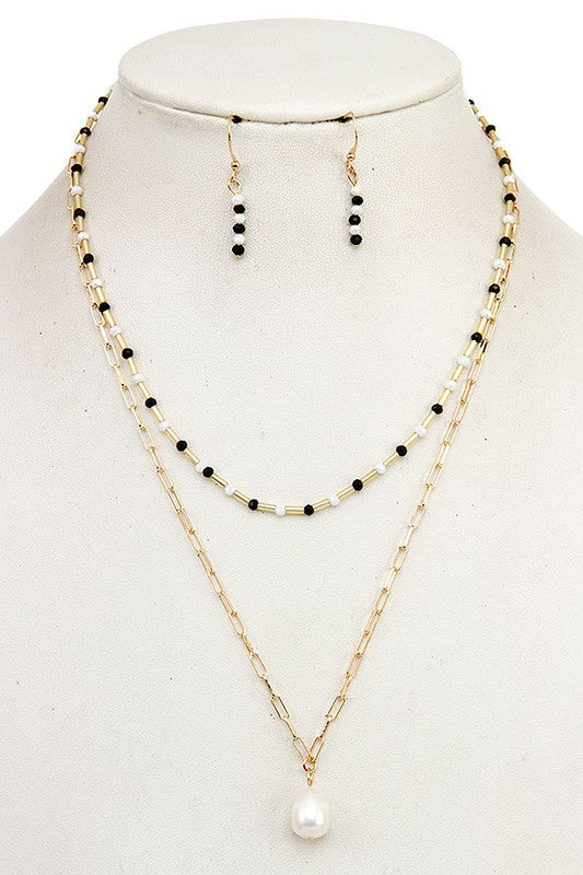 LAYERED GLASS BEAD PEARL PENDANT NECKLACE SET