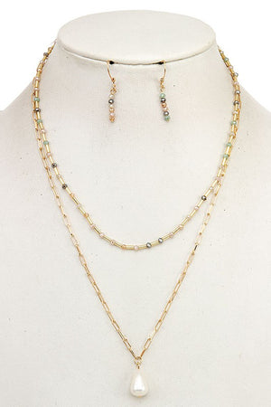 LAYERED GLASS BEAD PEARL PENDANT NECKLACE SET