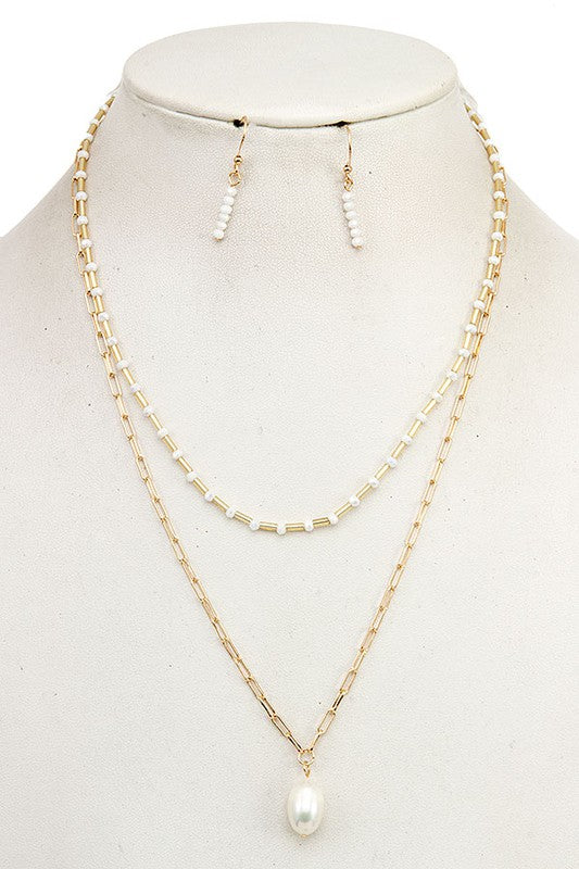 LAYERED GLASS BEAD PEARL PENDANT NECKLACE SET