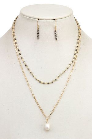 LAYERED GLASS BEAD PEARL PENDANT NECKLACE SET