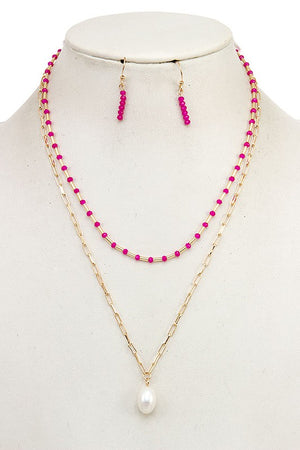 LAYERED GLASS BEAD PEARL PENDANT NECKLACE SET