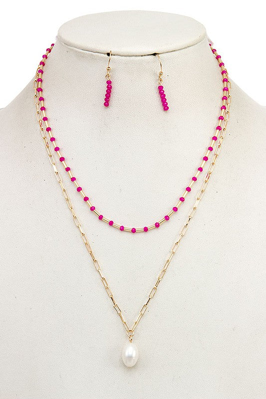 LAYERED GLASS BEAD PEARL PENDANT NECKLACE SET