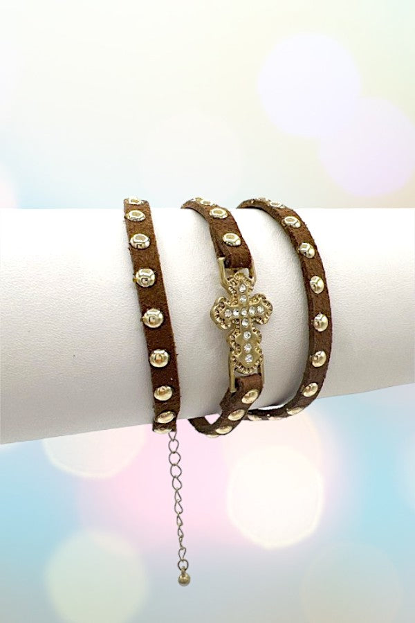 Studed Wrap Cord Cross Charm Bracelet