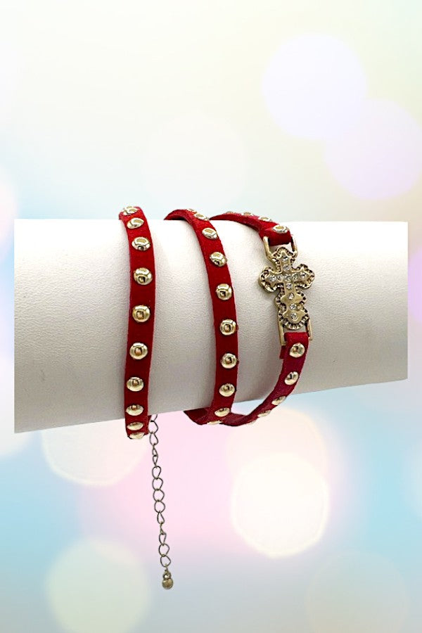 Studed Wrap Cord Cross Charm Bracelet