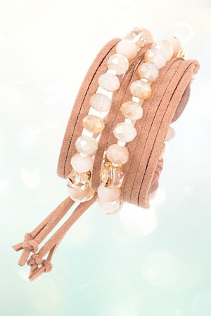 GLASS BEAD ACCENT MULTI WRAP FAUX SUEDE BRACELET