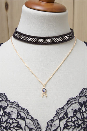 GEM CRESCENT MOON PENDANT NECKLACE LACE CHOCKER SET
