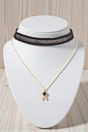 GEM CRESCENT MOON PENDANT NECKLACE LACE CHOCKER SET