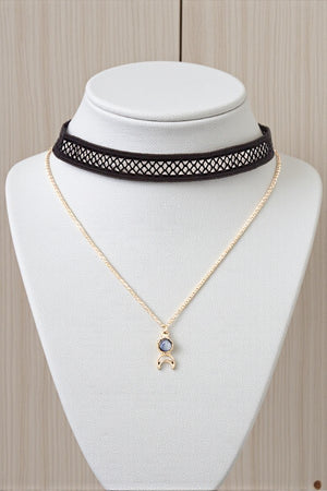 GEM CRESCENT MOON PENDANT NECKLACE LACE CHOCKER SET