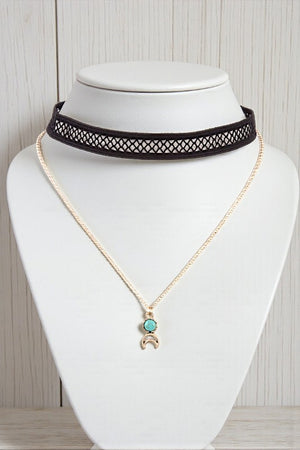 GEM CRESCENT MOON PENDANT NECKLACE LACE CHOCKER SET