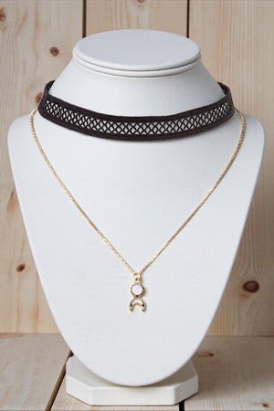 GEM CRESCENT MOON PENDANT NECKLACE LACE CHOCKER SET