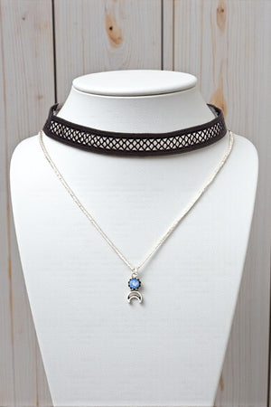 GEM CRESCENT MOON PENDANT NECKLACE LACE CHOCKER SET