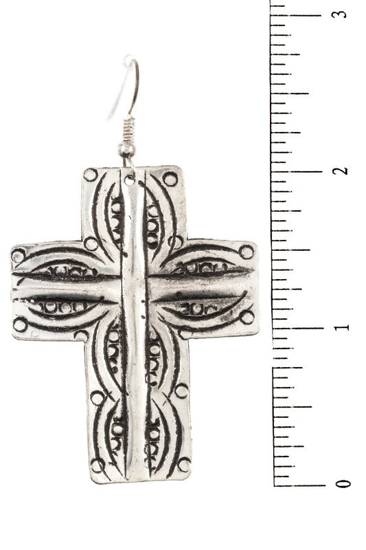 Etched Cross Drop Earring