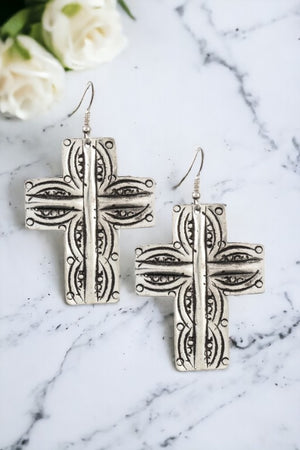 Etched Cross Drop Earring