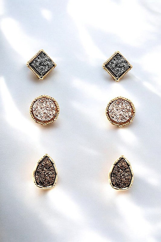 FAUX DRUZY STONE MIX POST EARRING SET